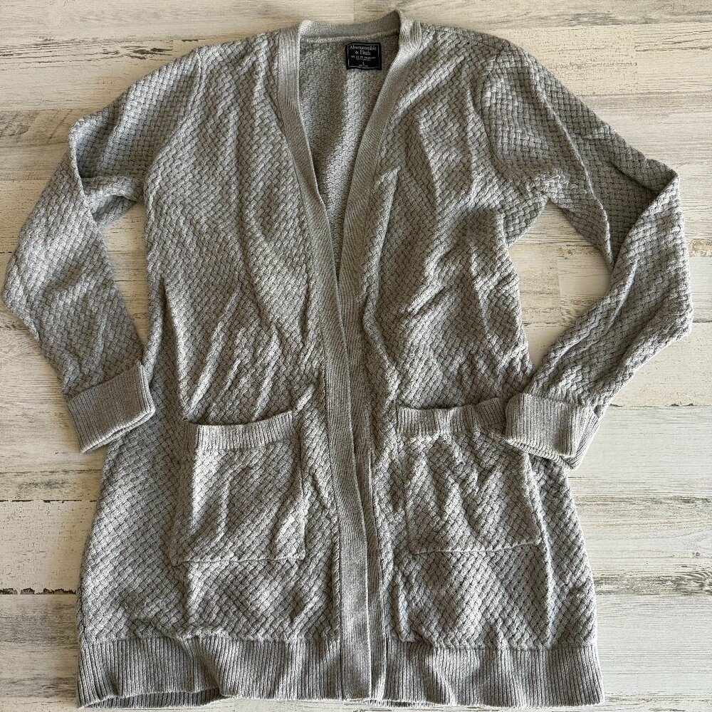 ABERCROMBIE & FITCH Long Gray Grey Basket Weave Cardigan Sweater Size Large